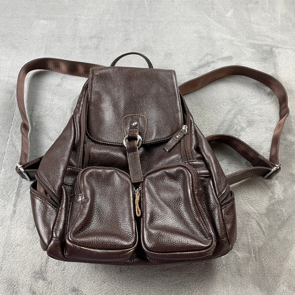 Coolcy Dark Brown Pebbled Leather Multi-Pocket Backpack Rucksack Bag